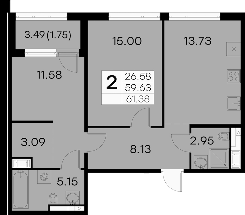 2-комнатная квартира 61.38 м², 7/8 эт., ЖК «GloraX Aura Vasileostrovsky»